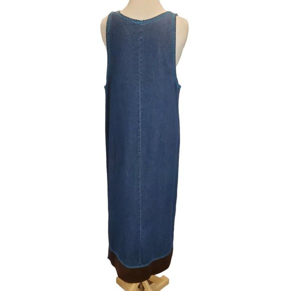 Vintage 90s Western Denim Jean Pinafore Dress Long Maxi Sleeveless Suede Sz M/L - Picture 7 of 9